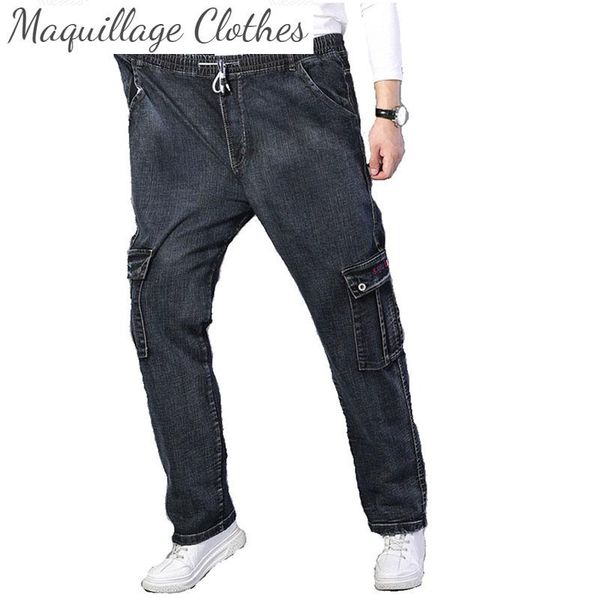 

men's loose casual jeans pants elastic waist straight denim trousers male high plus size 29-46, Blue