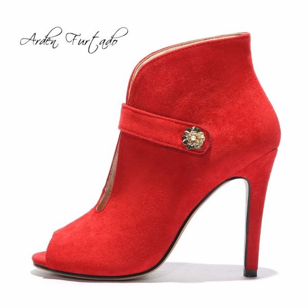 

arden furtado 2021 summer high heels 11cm stilettos ankle boots red peep toe fashion short small size 33 sandals, Black