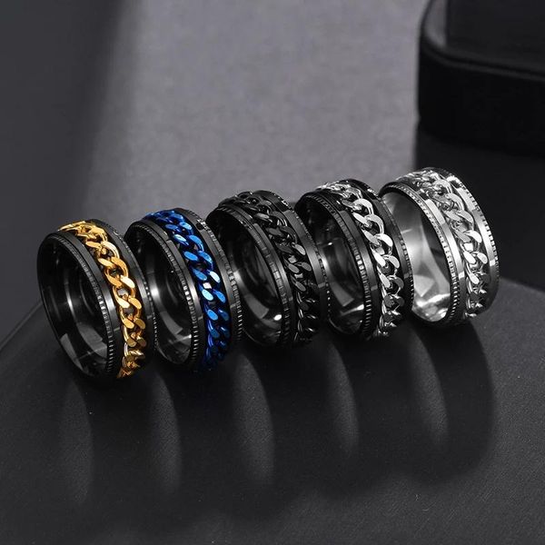 

cluster rings cool stainless steel rotatable men couple ring spinner chain rotable punk women man jewelry for party gift, Golden;silver