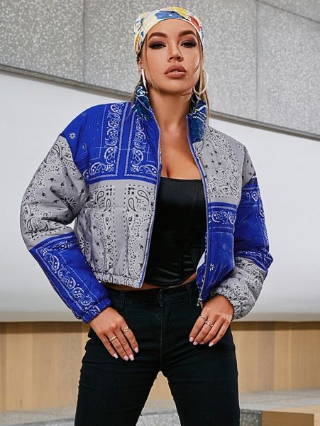 

glamaker paisley print color block zip up padded coat k0z7#, Black
