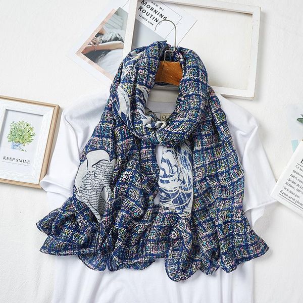

scarves autumn flowers cotton and linen scarf women silk fragrant wind long decoration cold warm thin shawl, Blue;gray