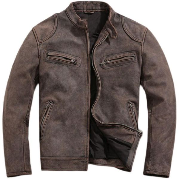 

vintage brown motorcycle style stand collar genuine leather jacket men plus size 3xl real natural cowhide autumn biker coat men's & fau, Black