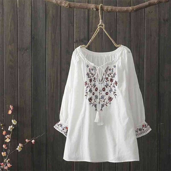 

national embroidered lace lantern sleeve o neck shirt cotton women 210421, White