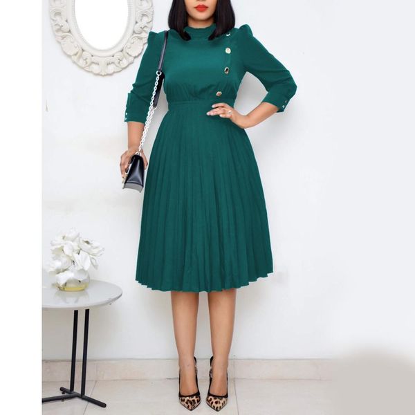 Escritório Terno Vestido Mulheres Elegante Africano Plus Size Uma linha Plissada Cintura Alta Planície OL Vestuário Trabalho Negócios Vestidos de Robe 210510