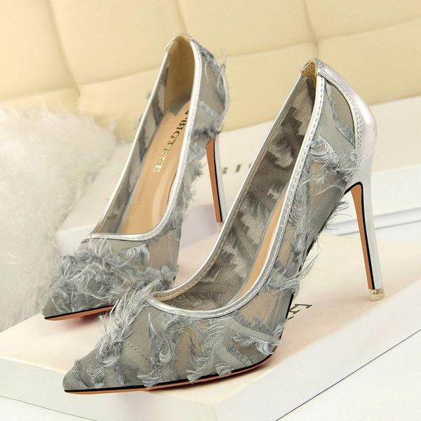 

women pumps office lady pointed toe flock slim mesh hollow 10cm thin high heels wedding shoes fashion dress, Black
