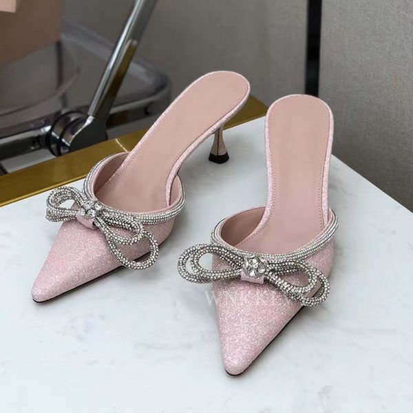 

70% off wholesale flip-flops bling sequin high heel slippers women pointed toe crystal bow knot decor sandals summer party shoes mules, Black