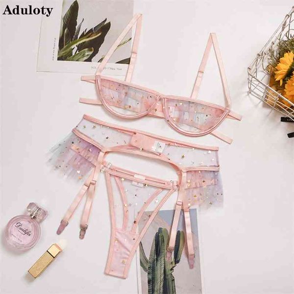 

aduloty lace hollow bra and panties set bright stars girl heart underwear suit contrast sequin mesh garter lingerie set 210820, Red;black