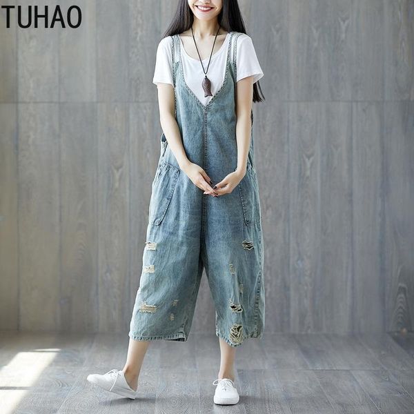 

women's jeans tuhao women jumpsuit overalls ripped boyfriend streetwear casual denim summer ladies long pants rompers llj, Blue