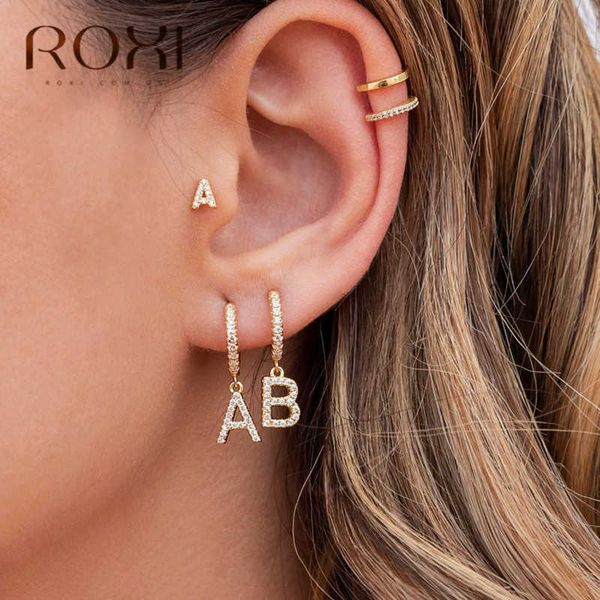 

roxi 1pc 26 english letters zircon ear piercing ring 925 sterling sier initial buckle hoop rings for women jewelry, Golden