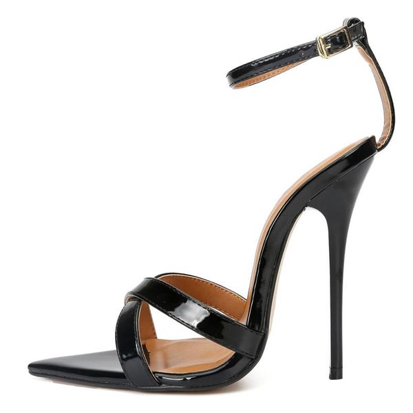 

summer 14cm thin heels narrow band wedding shoes pumps peep toe buckle gold bottoms sandals plus:44 45 46 47 48 49, Black