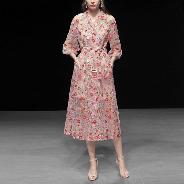 

[deat] summer new fashion tide v-neck high waist knee-length double breasted long sleeve printing elegant dress 13q057 210430, Black;gray