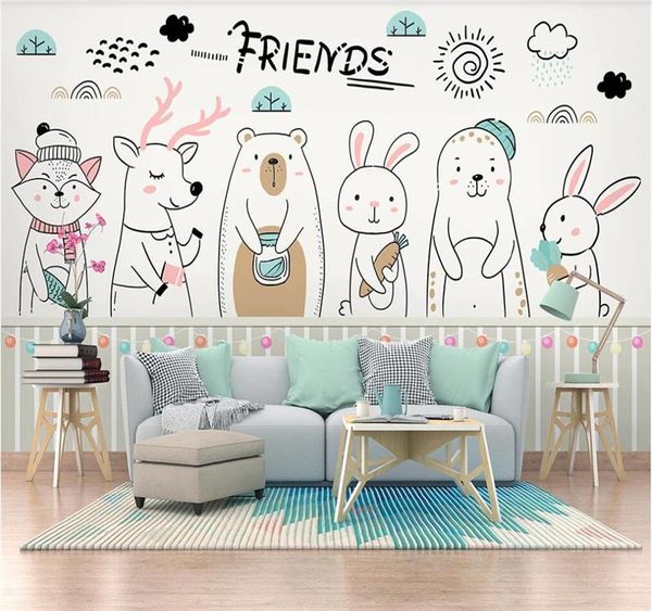 

wallpapers xue su large custom mural wallpaper nordic simple cartoon hand-painted cute animal children's house room background wall