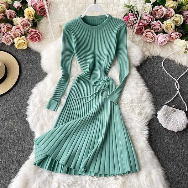 

casual dresses women vintage dress long sleeve solid slim a-line knitted 2021 autumn winter elegant ladies robe korean clothes, Black;gray