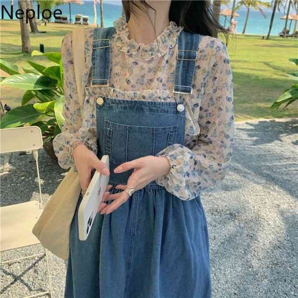 Neploe Abbigliamento donna Cinghie di jeans Abito moda coreana Abiti casual Mujer Chiffon floreale Top Abito vintage chic 95403 210422