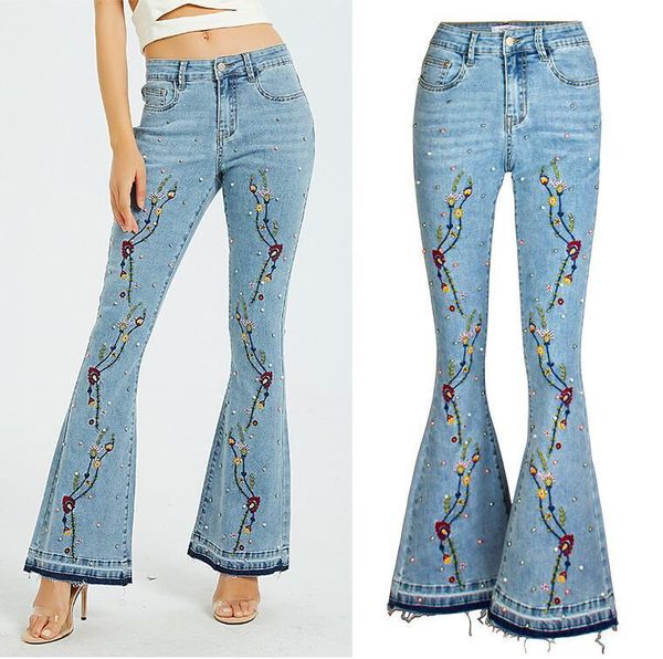 

fashion denim flare pants women vintage embroidery high waist wide leg trousers casual patchwork bell-bottoms jeans women's, Blue