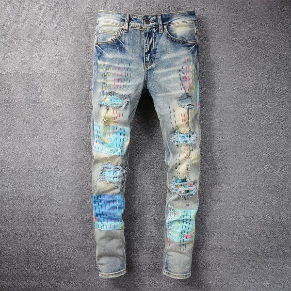 Cashew-Blumen-Patch-Hose Bettler Jean Patchwork Jeans für Männer High Street Messer Schnitt Schwere Erosive Motorradhose