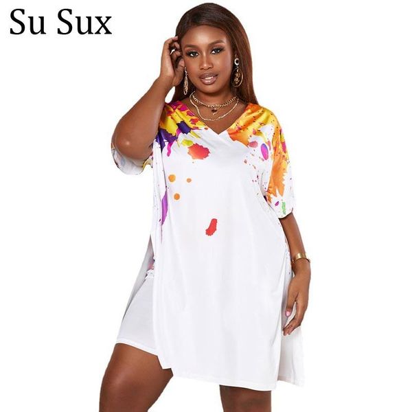 

Plus Size Tracksuits Short Pant Suits 2 Piece Set Women Outfits 5XL Loose Print V Neck Long Shirt Top Sets Sportwear Vestidos 2021 Summer