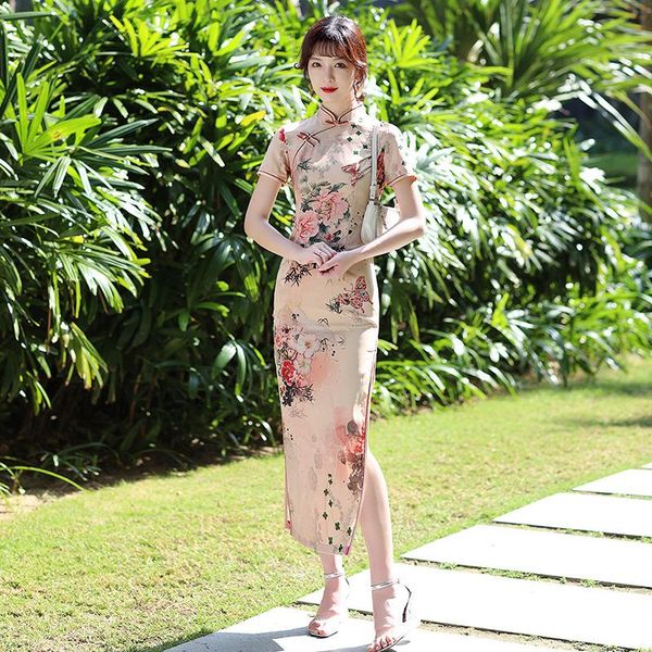 

flower printe satin handmade button short sleeve qipao traditional chinese women wedding dress daily long cheongsam ethnic clothing, Red