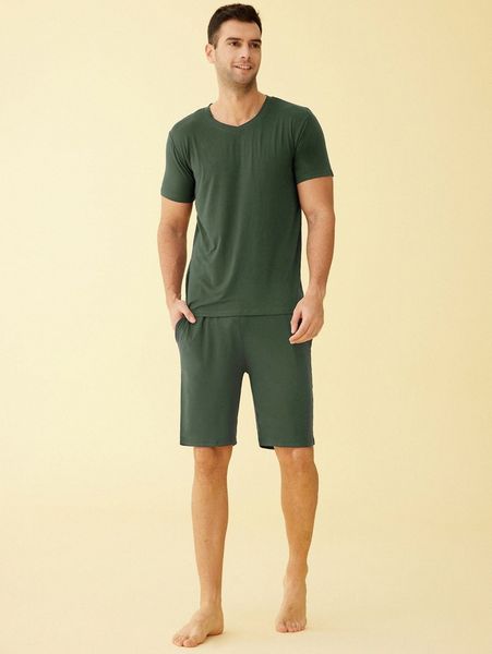 

latuza men solid tee & drawstring waist shorts lounge set u9jk#, Black;brown
