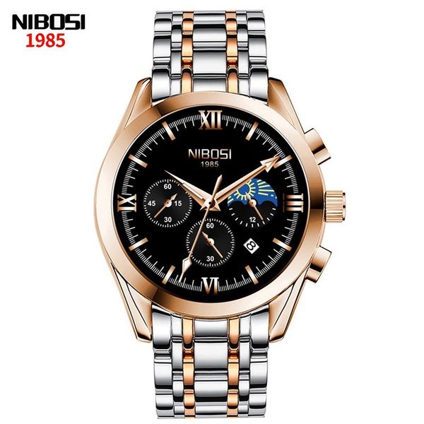 

wristwatches nibosi fashion mens watches military quartz watch stainless steel waterproof sport chronograph men, Slivery;brown