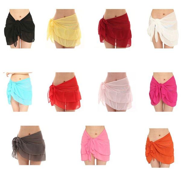 

skirts women double layer ruffles beach short sarong swimsuit bikini chiffon cover up summer sunscreen shawl wrap skirt, Black