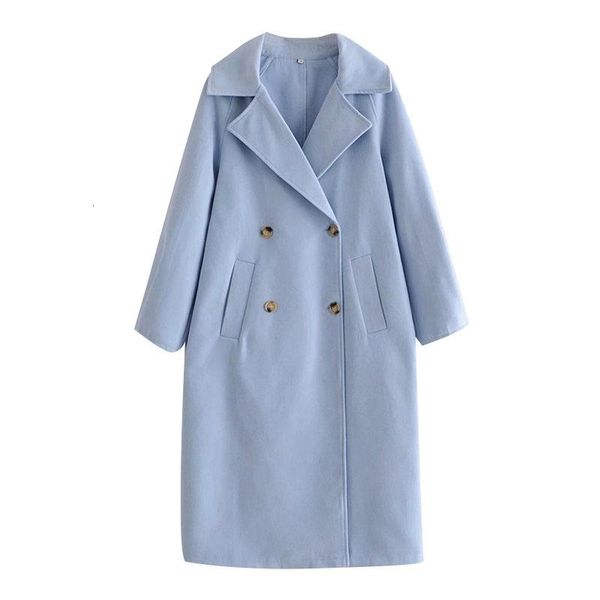 

women's & faux leather women fashion double breasted loose woolen coat vintage long sleeve side pockets female outerwear chic overcoat, Black