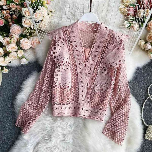 

fashion crochet hollow v-neck water-soluble lace shirt women's spring and autumn temperament long sleeve uk288 210507, White
