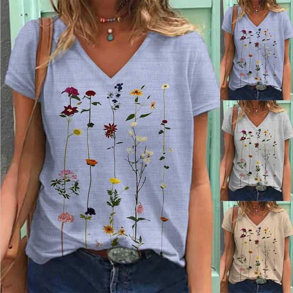 

butterfly 2021 summer print short sleeve v-neck women's loose t-shirt, White