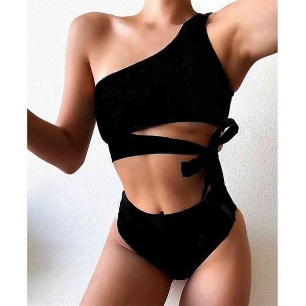 

bikini women high waist swimsuit one shoulder swimwear bandeau bathing suit print beach wear solid biquini set female 210714, White;black