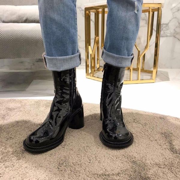 

boots women's black patent leather ankle round toe high heels shoes b142