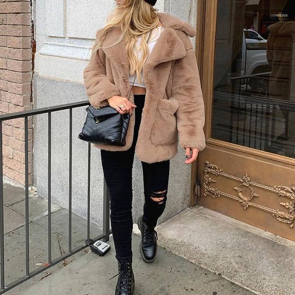 

women's fashion solid color plush padded jacket casual lapel warm mid-length fur camel1, Black