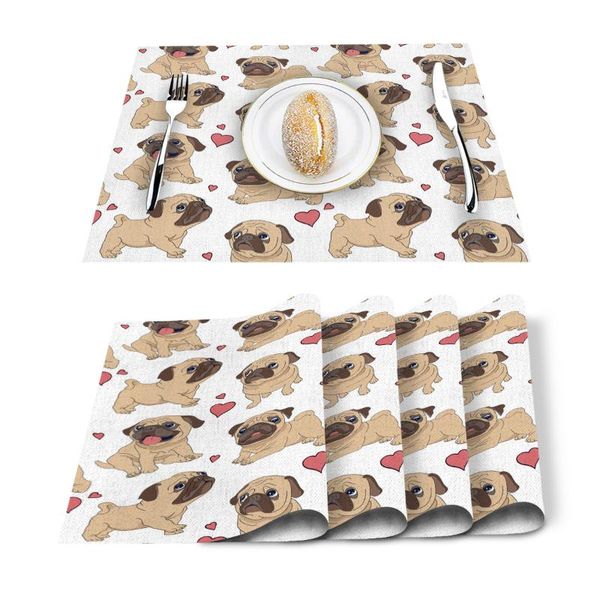 

table runner 4/6 pcs cotton linen placemat pug cute heart dog cartoon design mats napkins fashion tableware kitchen tool