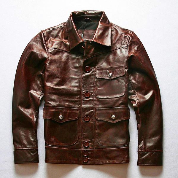 

men's leather & faux motorcycle 2021 vintage cowskin jacket genuine multi-pocket cowhide jackets spring autumn large size coat, Black