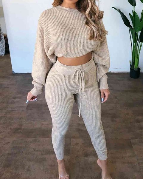 

ninimiour women elegant 2pcs sweater suit sets femee ribbed plain long sleeve & drawstring pants set ladies outfits 210415, White