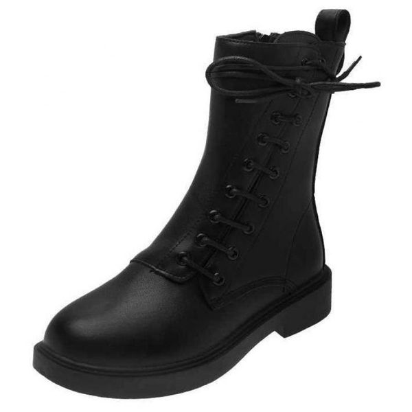 

boots women's lace-up cowhide punk motorcycle round toe ladies black pu leather shoes size 35-40