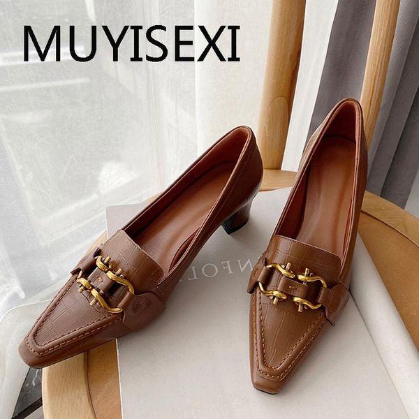 

dress shoes 4.5cm high heel genuine leather chunky med pointed toe slip on office party classic concise pump black brown dmj09 muyisexi