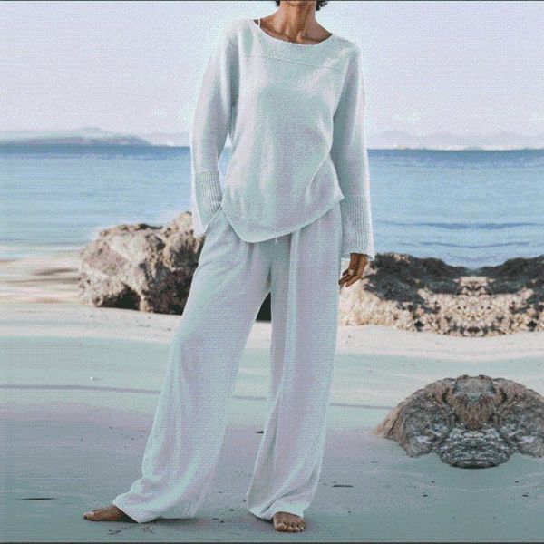 

women's two piece pants 2021 spring autumn set women vintage o neck shirt pullover and wide leg homewear suits lady solid pajama outfit, White