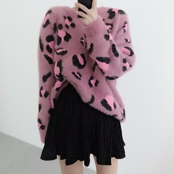 

women's sweaters sweater winter 2021 style loose skinny hong kong flavor leopard round neck pullover knitted, White;black