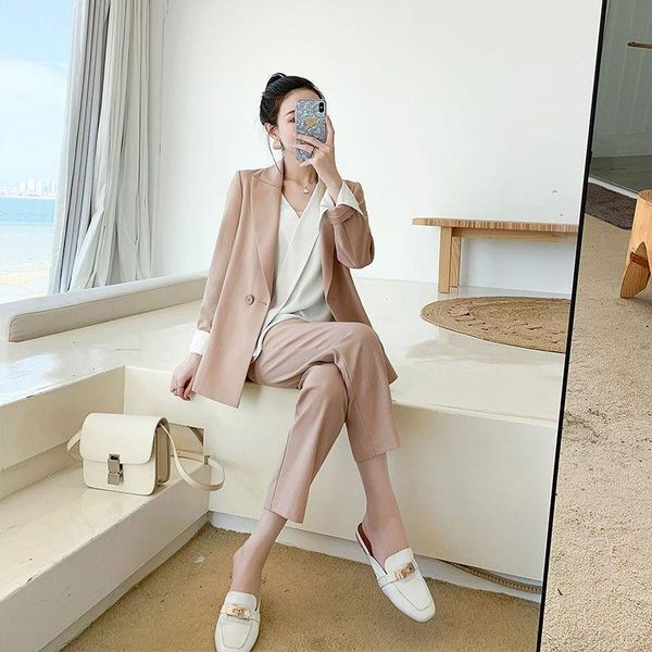 

women's tracksuits women spring 2021 casual simple elegant solid single button blazer suits female long sleeve office ladies two piece, Gray