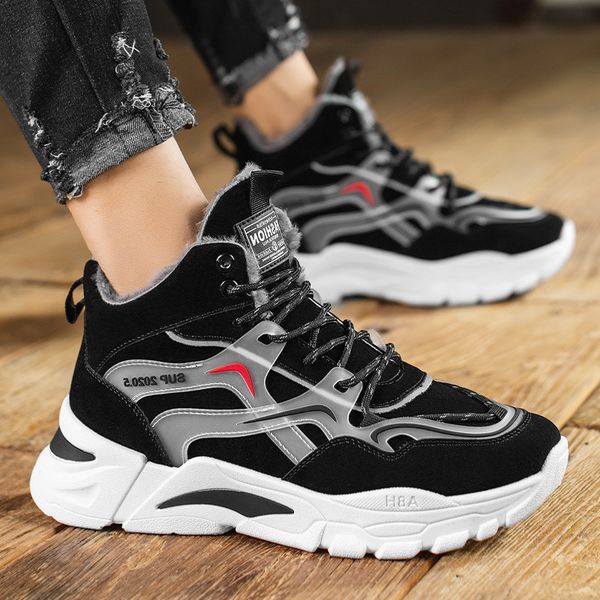 

2021 winter plush thickened men's cotton shoes trend boys' high sports college students' leisure running, Black