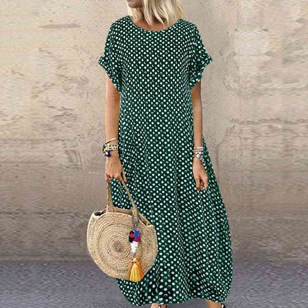

plus size summer pockets women dresses o neck polka dot printing short sleeve maxi female long, Black;gray