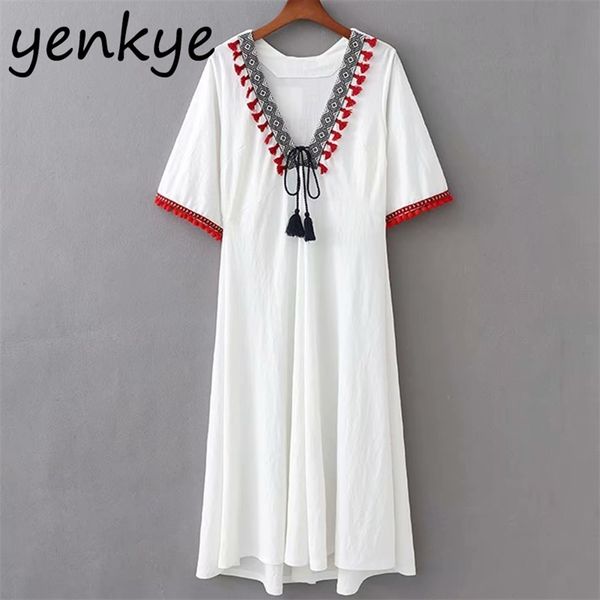 

tassel patchwork embroidery women v neck short sleeve summer casual dress female a-line midi vintage robe femme 210514, Black;gray