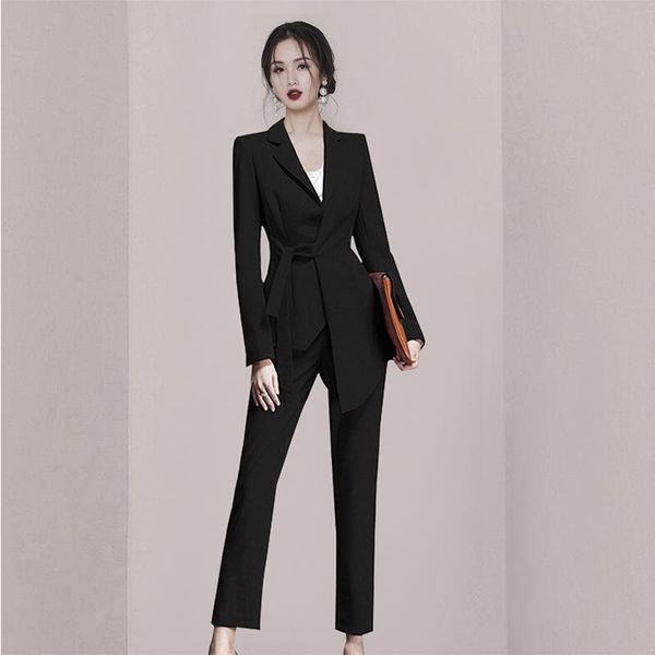 

women's two piece pants suits office set pantsuits arrival elegant long sleeve loose blazer jacket, White