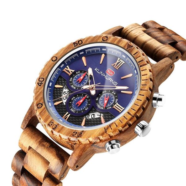 

wristwatches kunhuang sport brand men's watches wooden band luxury quartz luminous,chronograph,calendar watch, Slivery;brown