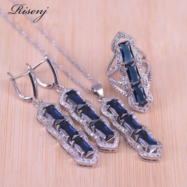 

jewelry sets risenj original russian style blue cubic zircon white crystal silver color set earrings ring necklace in store, Black
