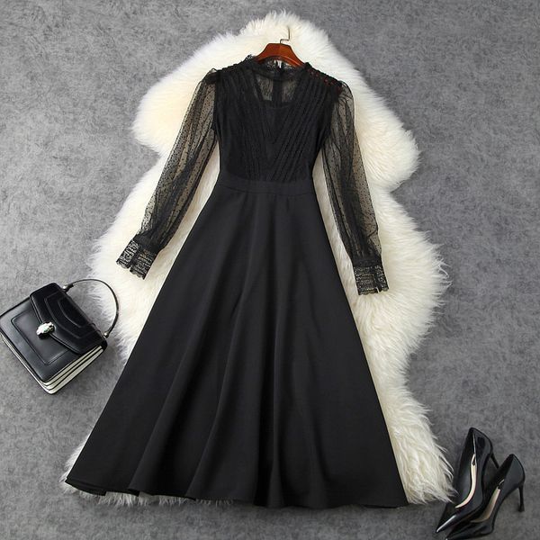 

casual dresses fall winter long sleeve round neck black pure color lace panelled mid-calf dress elegant ln0111509 cmdb, Black;gray