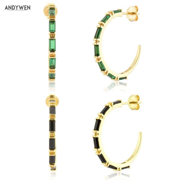 Andywen 925 Sterling Silver Gold 19mm Big Hoops Quadrato Zircone Verde Verde Black Piercing Orecchino Rock Punk Grande gioielli 210608