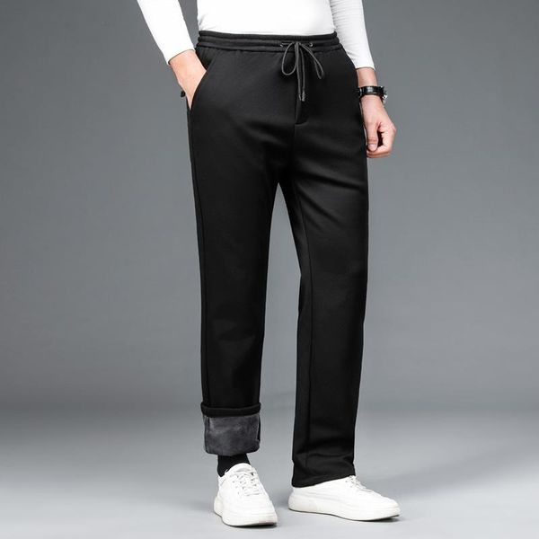 

men's pants winter fleece thermal solid color elastic soft comfortable sweatpants male casual straight breathable trousers black