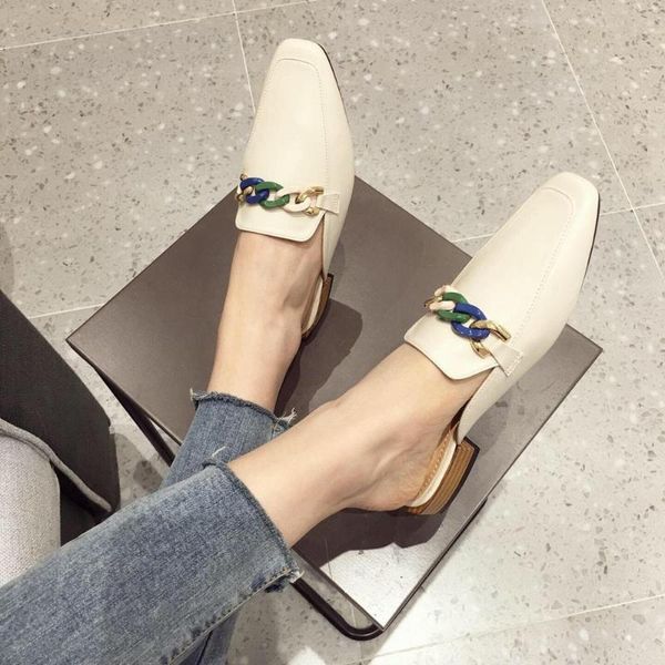 

slippers mixed color metal chains low heels square toe brief casual summer woman shoes mules comfy femme slides women flip flops, Black
