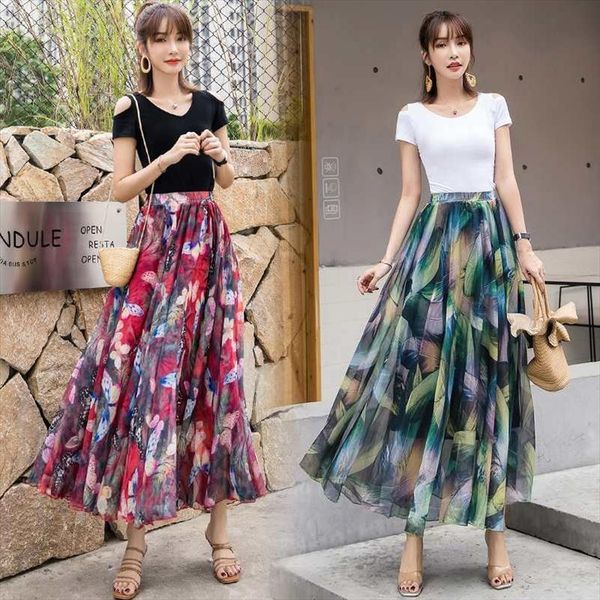 

tingyili long boho beach floral print women skirts chiffon, Black
